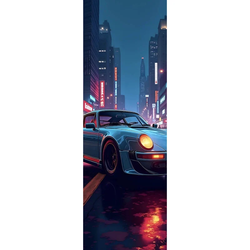 Acrylglasbild Klassischer Sportwagen in nächtlicher neonbeleuchteter Stadtstraße Panorama Hoch