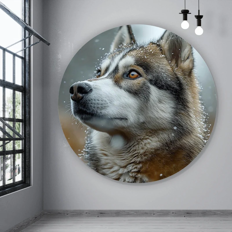 Aluminiumbild Wolf schaut aufmerksam im winterlichen Schneefall Kreis