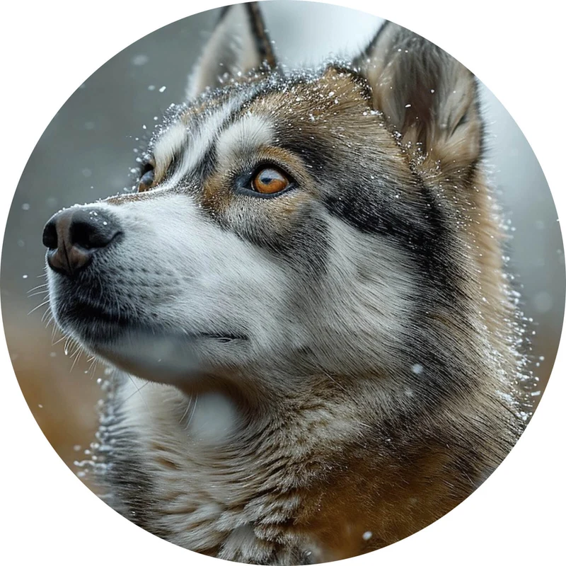 Aluminiumbild Wolf schaut aufmerksam im winterlichen Schneefall Kreis