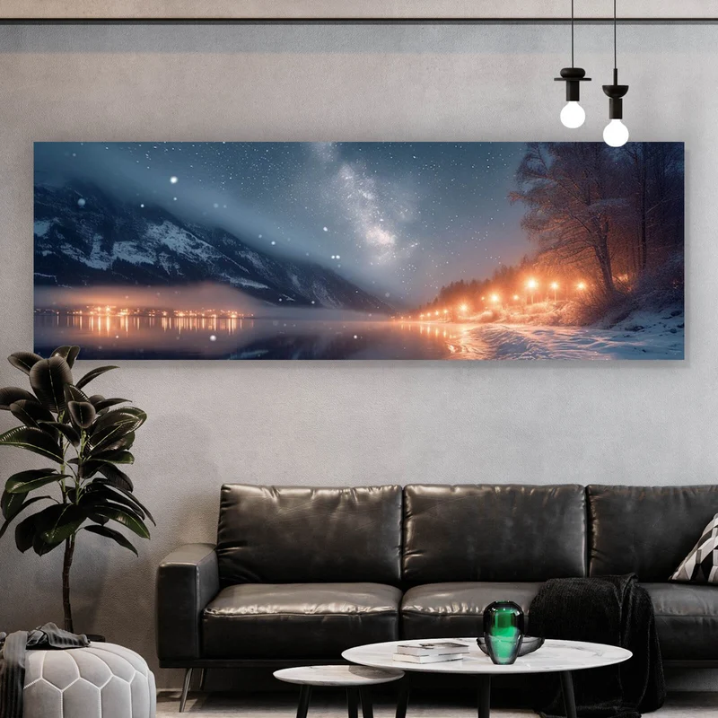 Aluminiumbild Winterliche Landschaft mit funkelndem Sternenhimmel Panorama
