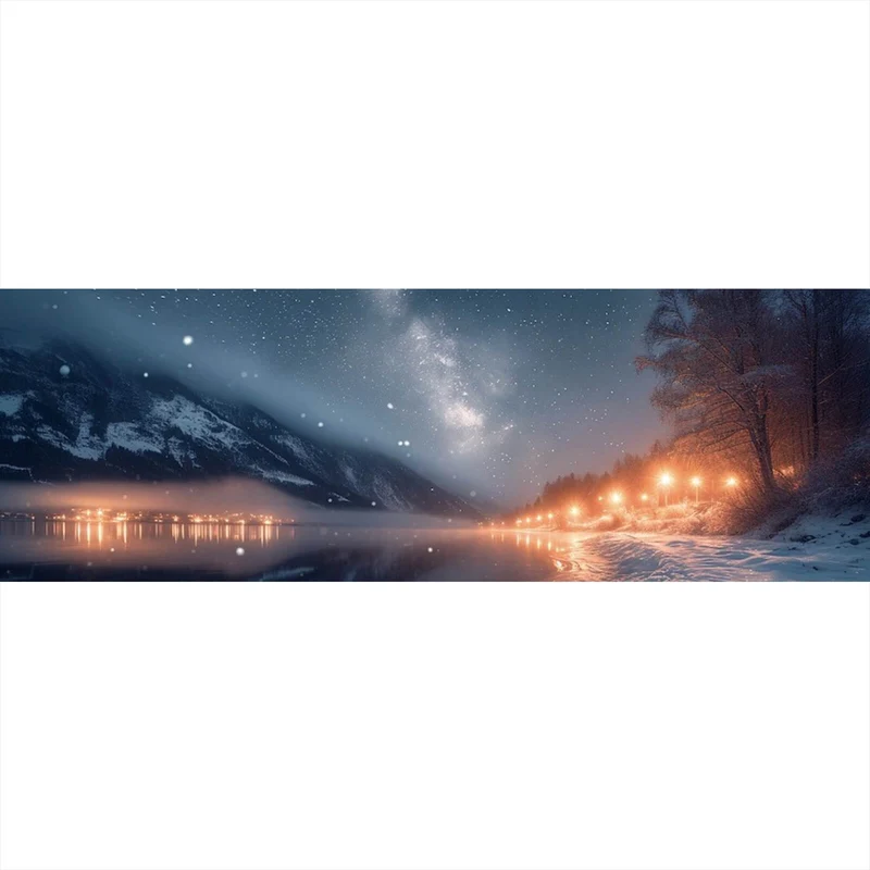 Aluminiumbild Winterliche Landschaft mit funkelndem Sternenhimmel Panorama