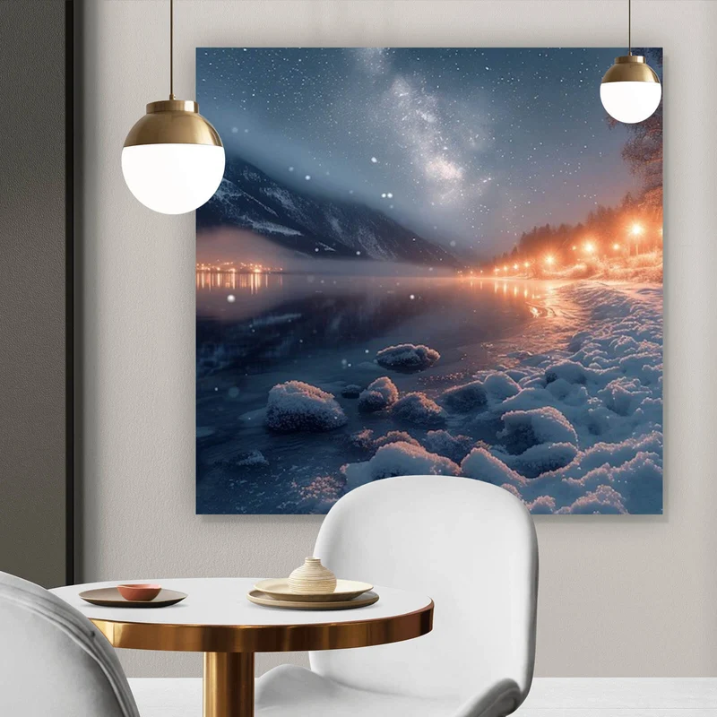 Acrylglasbild Winterliche Landschaft mit funkelndem Sternenhimmel Quadrat