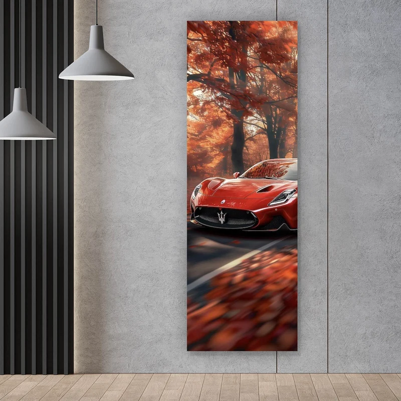 Poster Roter Sportwagen fährt durch herbstlichen Wald Panorama Hoch