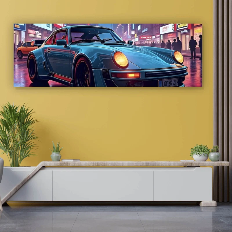 Acrylglasbild Klassischer Sportwagen in nächtlicher neonbeleuchteter Stadtstraße Panorama