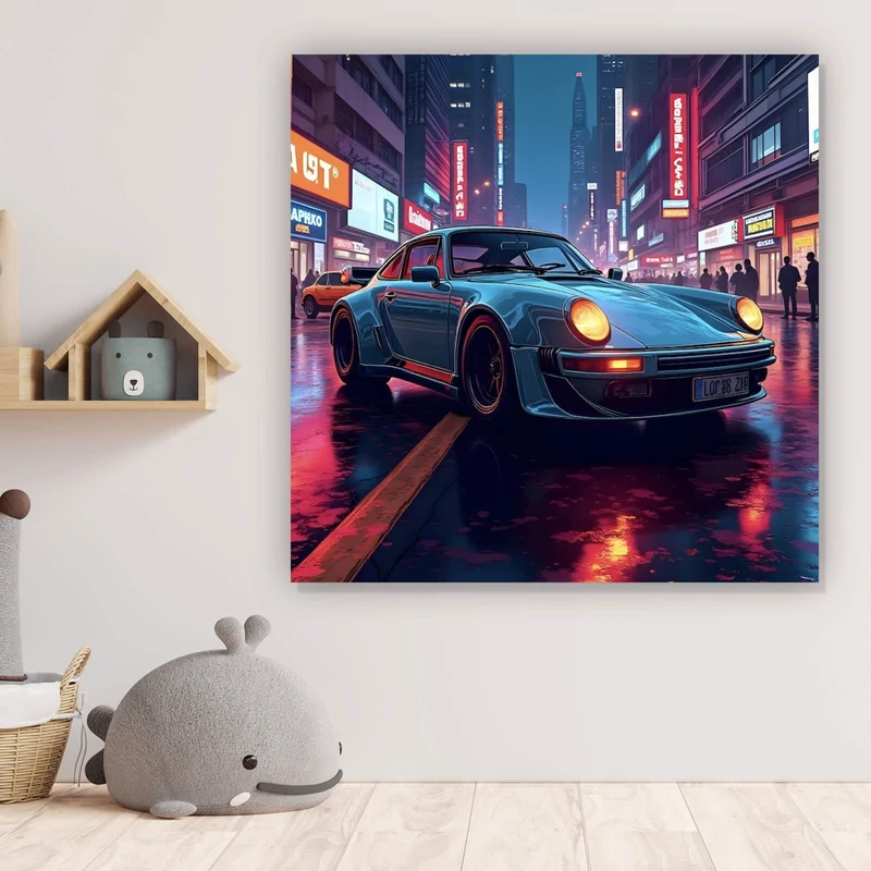 Acrylglasbild Klassischer Sportwagen in nächtlicher neonbeleuchteter Stadtstraße Quadrat