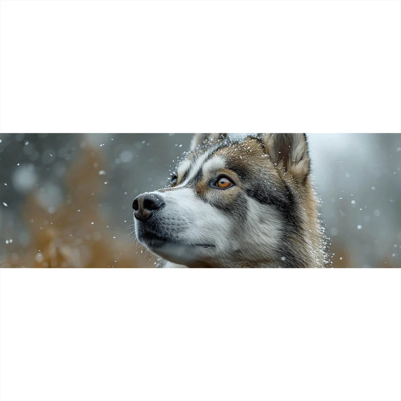 Leinwandbild Wolf schaut aufmerksam im winterlichen Schneefall Panorama