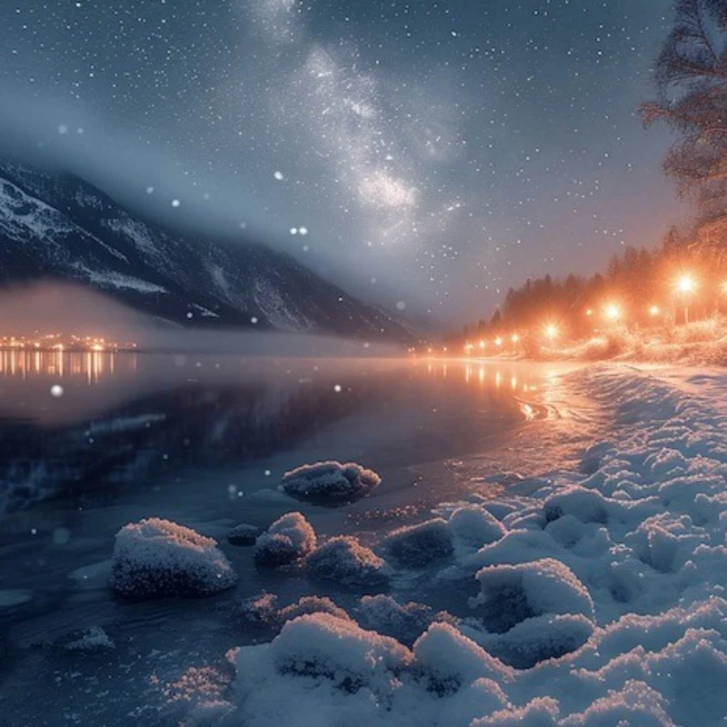 Poster Winterliche Landschaft mit funkelndem Sternenhimmel Quadrat