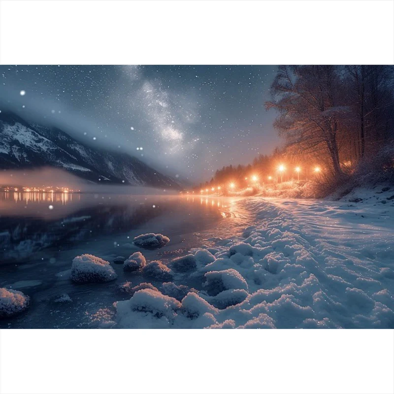 Acrylglasbild Winterliche Landschaft mit funkelndem Sternenhimmel Querformat