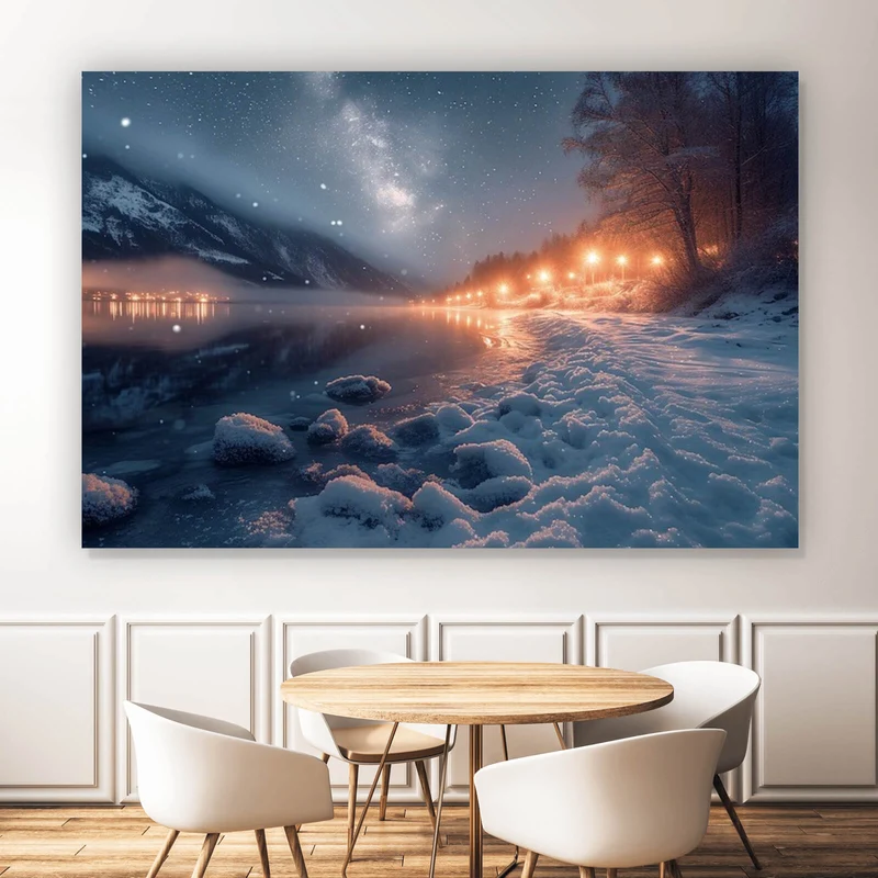 Poster Winterliche Landschaft mit funkelndem Sternenhimmel Querformat