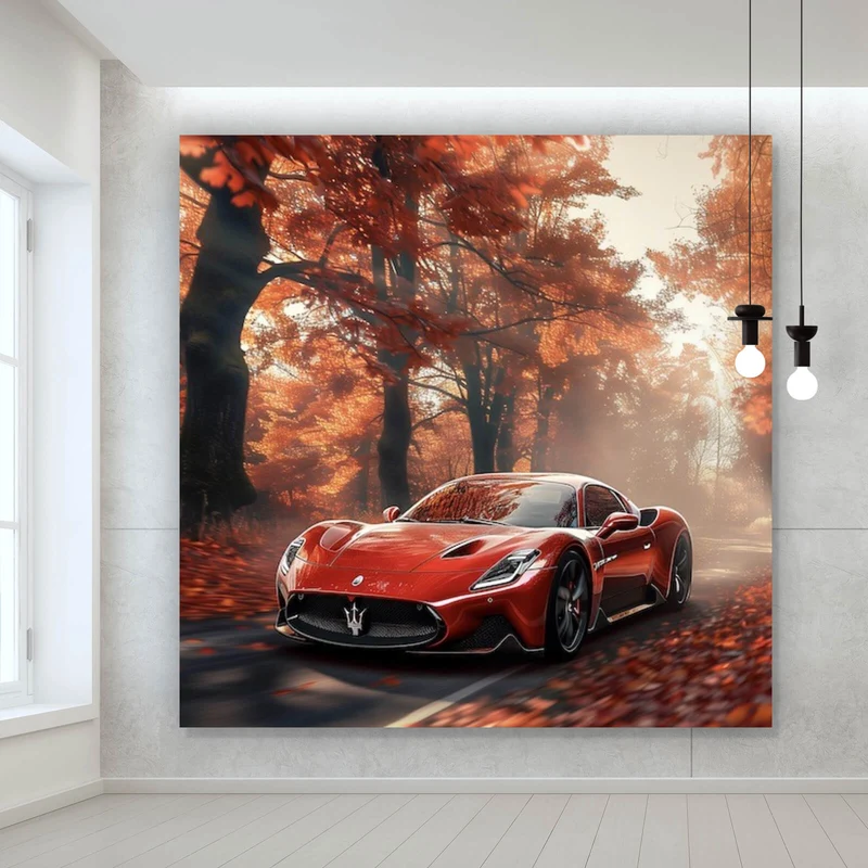 Poster Roter Sportwagen fährt durch herbstlichen Wald Quadrat