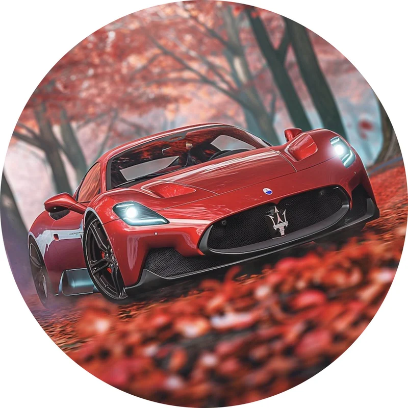 Aluminiumbild Roter Sportwagen fährt durch herbstlichen Wald No.2 Kreis