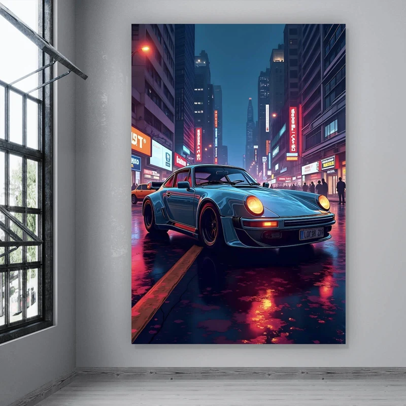 Acrylglasbild Klassischer Sportwagen in nächtlicher neonbeleuchteter Stadtstraße Hochformat