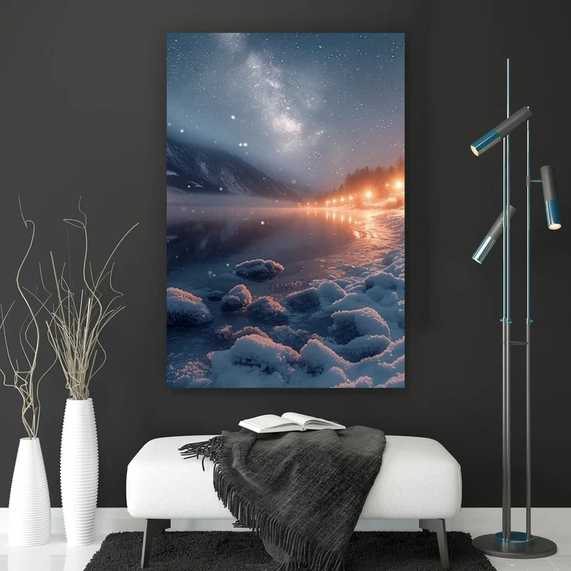Aluminiumbild Winterliche Landschaft mit funkelndem Sternenhimmel Hochformat