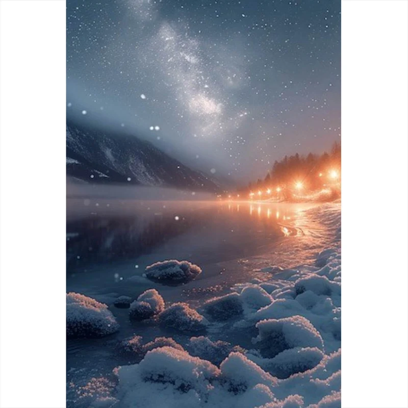 Leinwandbild Winterliche Landschaft mit funkelndem Sternenhimmel Hochformat