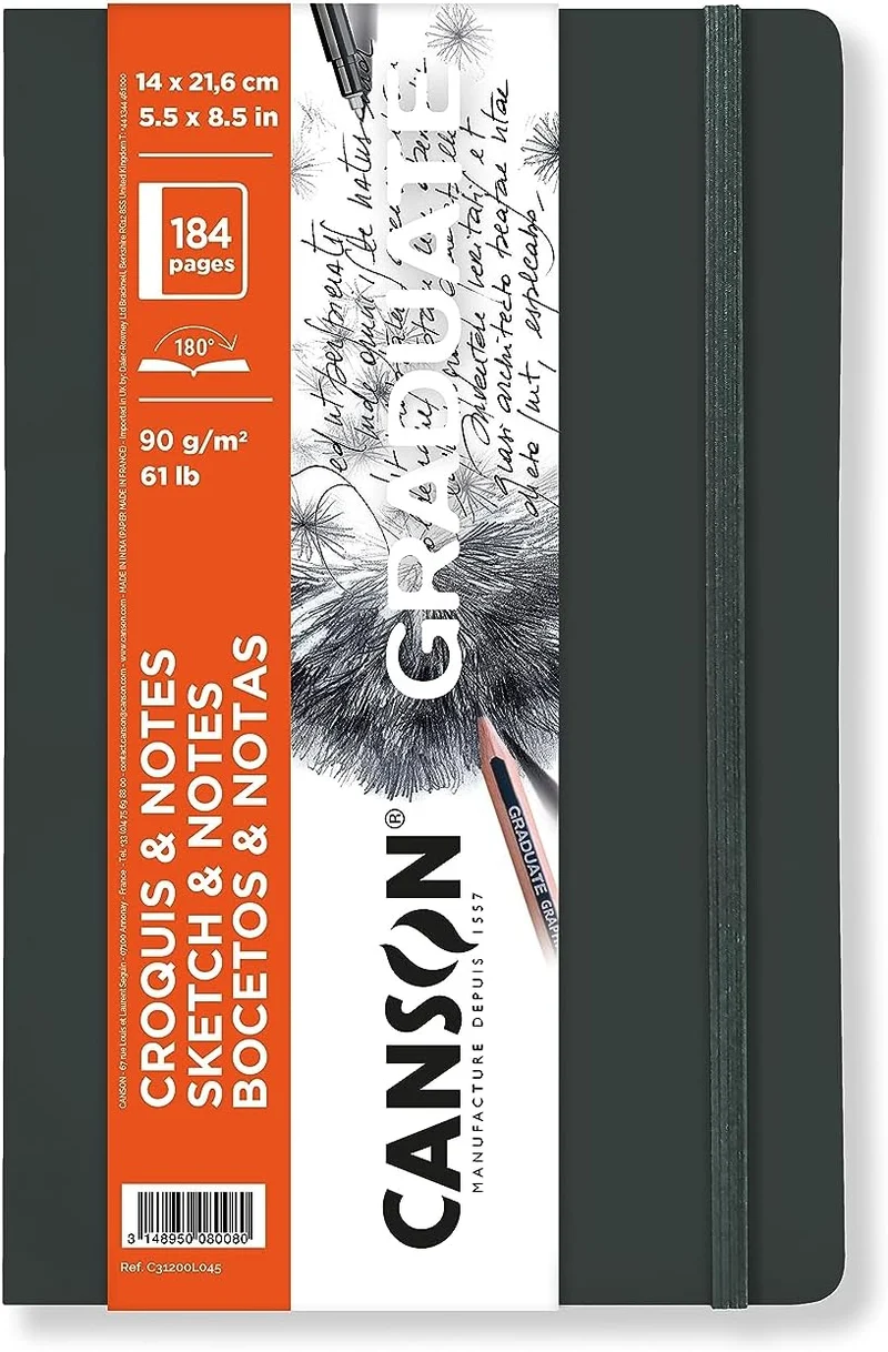 CANSON Graduate Art Book Skizzenbuch 90 g/m², 184 Blatt – 14 x 21,6 cm, Softcover, Dunkelgrau