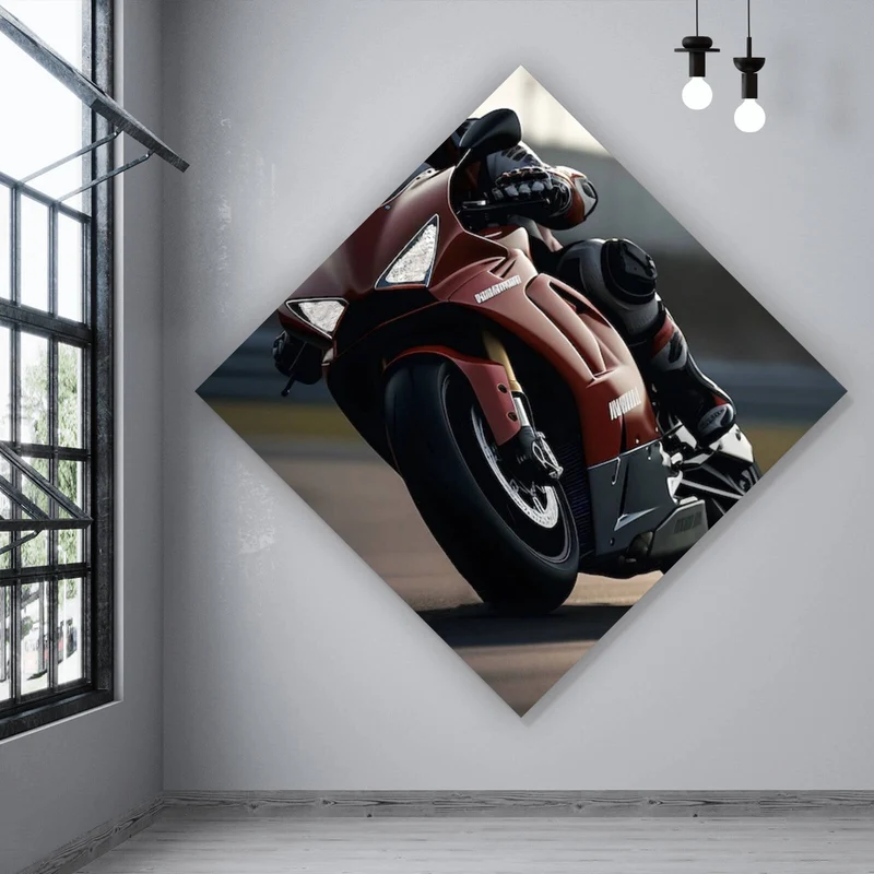 Poster Motorradfahrer in dynamischer Kurvenfahrt Raute