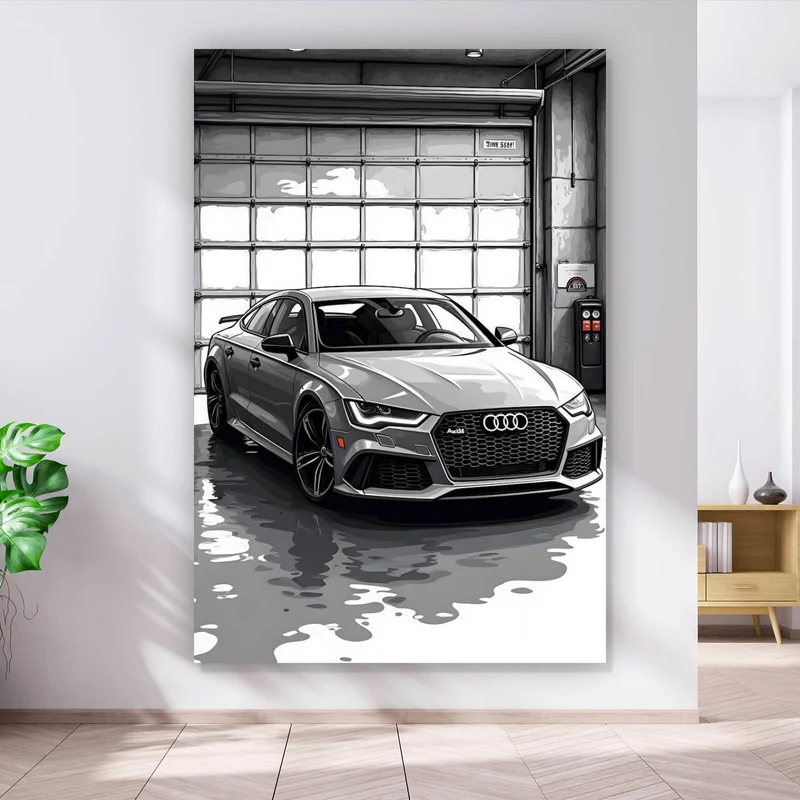 Aluminiumbild gebürstet Sportwagen in einer Werkstatt vor Garagentor Hochformat