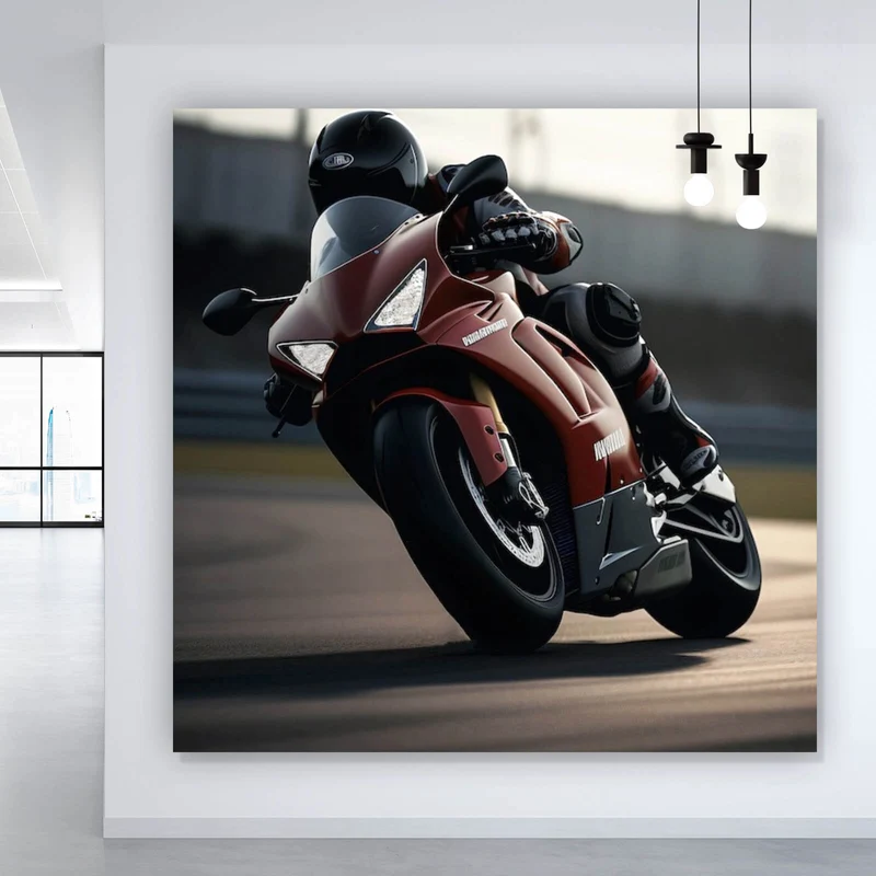 Acrylglasbild Motorradfahrer in dynamischer Kurvenfahrt Quadrat