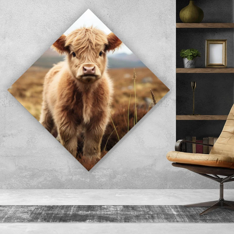 Acrylglasbild Flauschiges Highland Kalb auf der Weide Raute