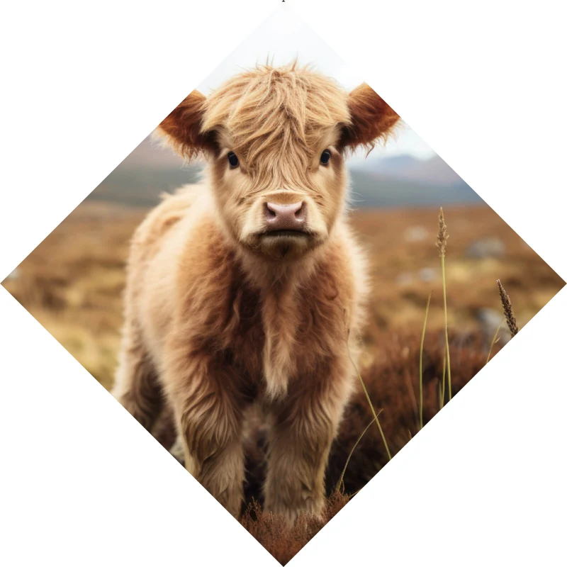 Aluminiumbild gebürstet Flauschiges Highland Kalb auf der Weide Raute