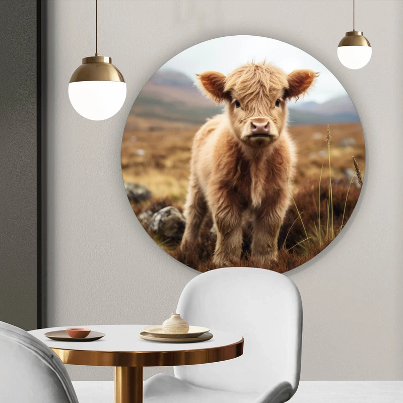 Aluminiumbild Flauschiges Highland Kalb auf der Weide Kreis