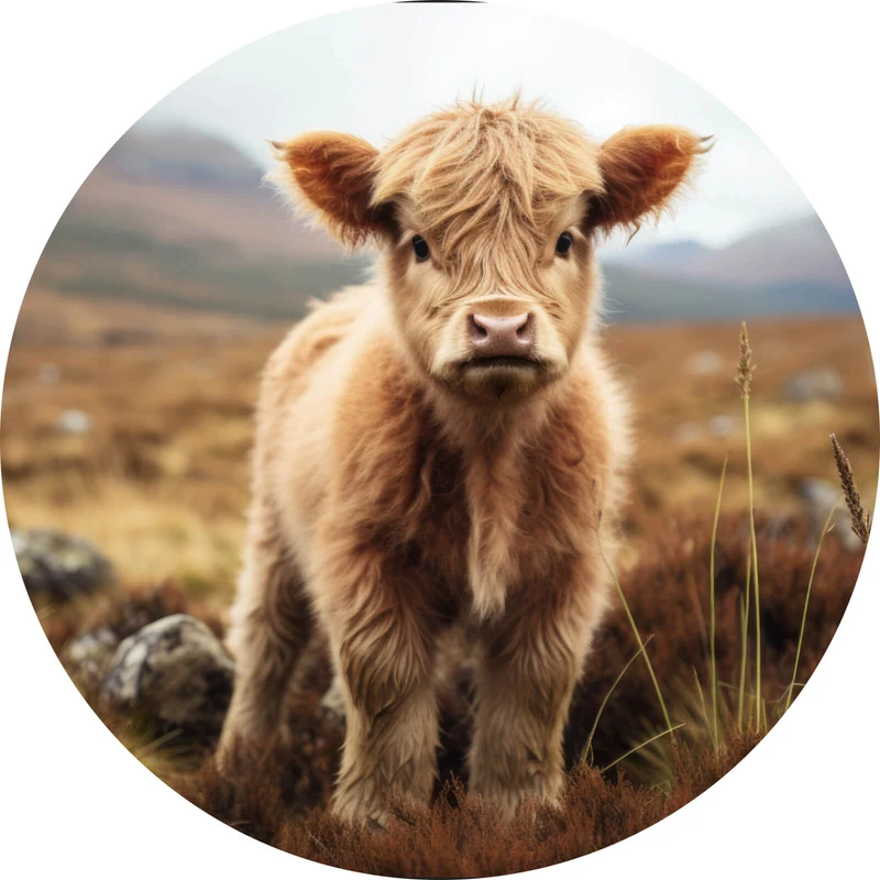 Aluminiumbild Flauschiges Highland Kalb auf der Weide Kreis