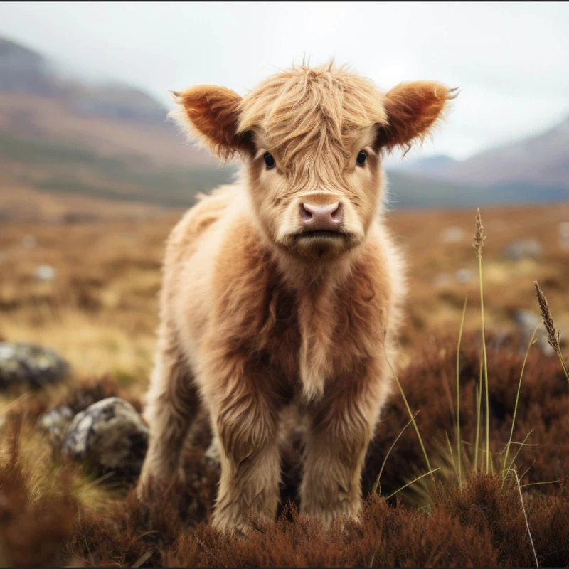 Spannrahmenbild Flauschiges Highland Kalb auf der Weide Quadrat