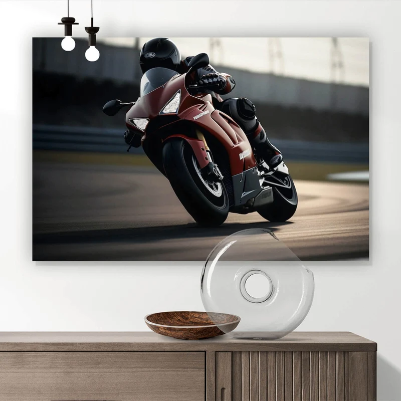 Acrylglasbild Motorradfahrer in dynamischer Kurvenfahrt Querformat