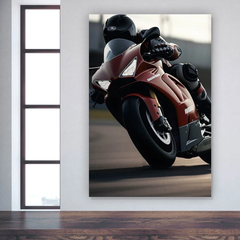 Acrylglasbild Motorradfahrer in dynamischer Kurvenfahrt Hochformat