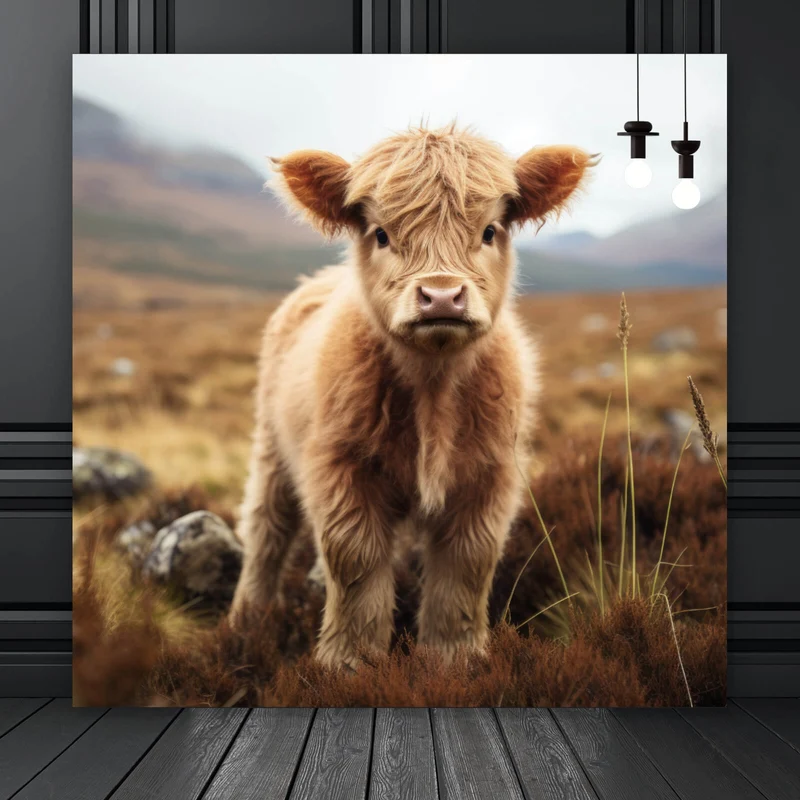 Aluminiumbild Flauschiges Highland Kalb auf der Weide Quadrat