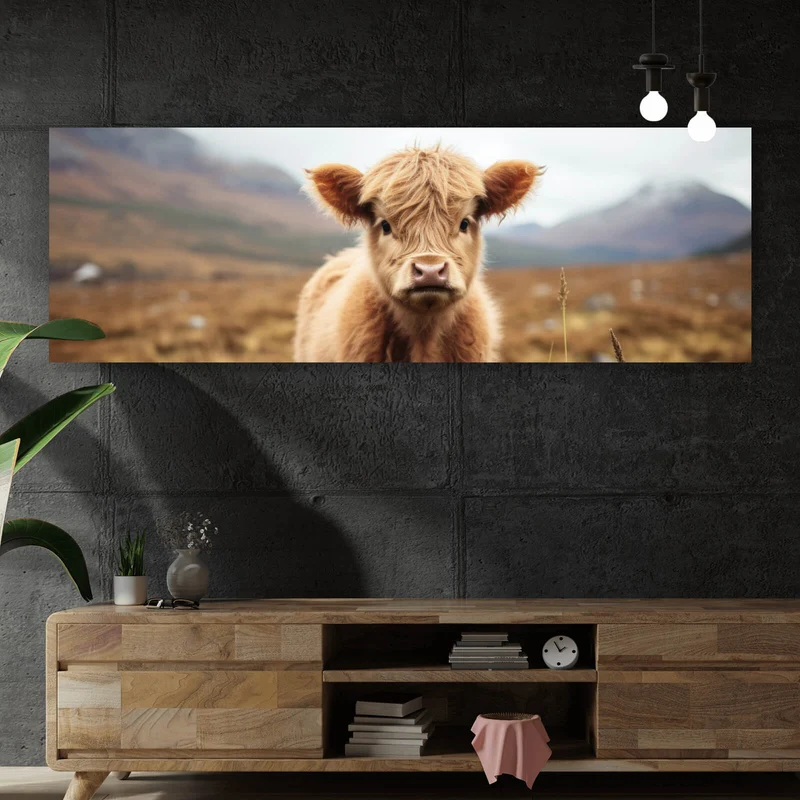 Spannrahmenbild Flauschiges Highland Kalb auf der Weide Panorama