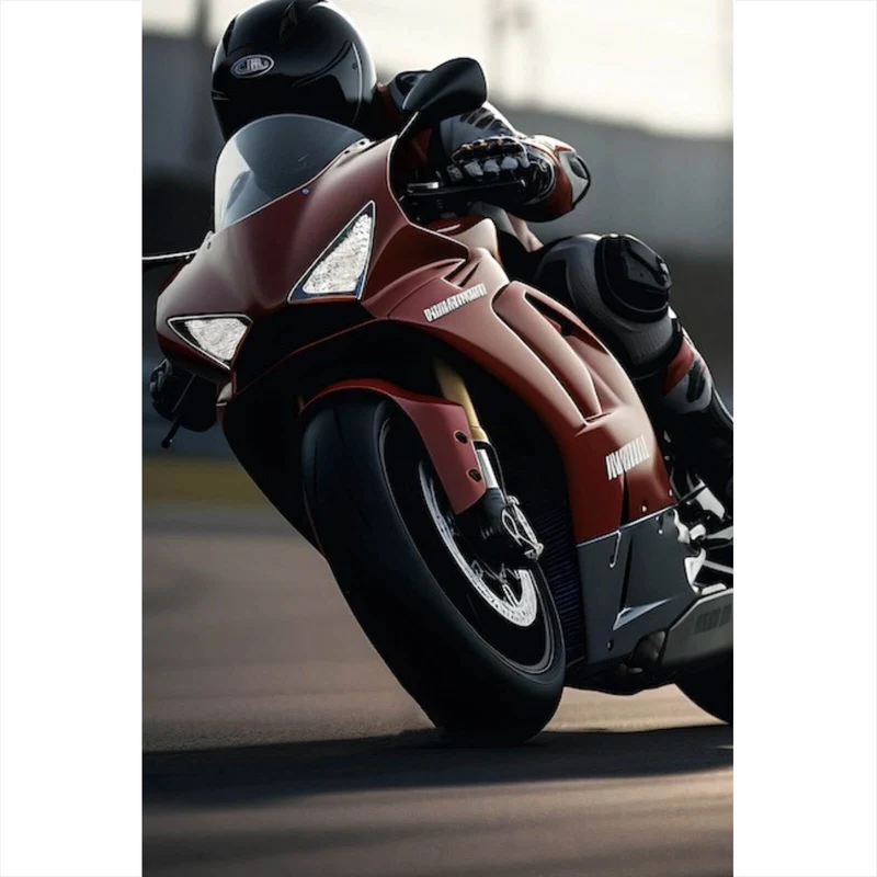 Poster Motorradfahrer in dynamischer Kurvenfahrt Hochformat