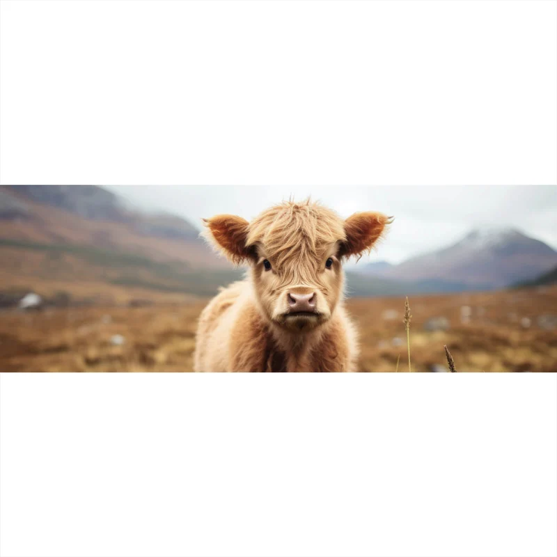 Poster Flauschiges Highland Kalb auf der Weide Panorama