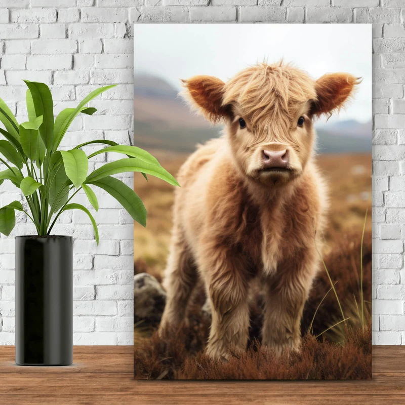 Acrylglasbild Flauschiges Highland Kalb auf der Weide Hochformat