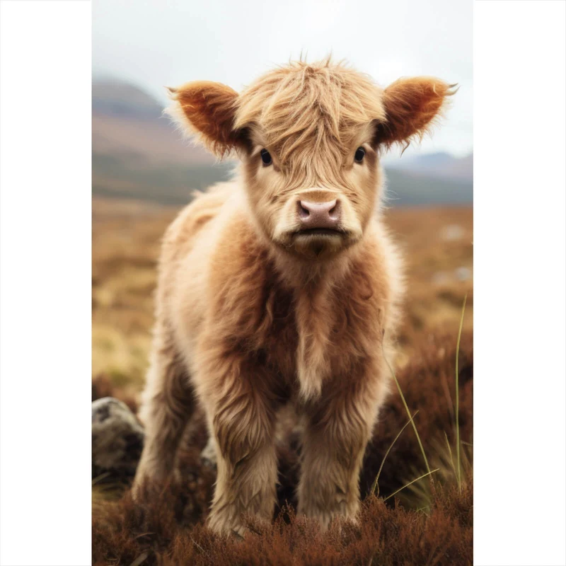 Aluminiumbild gebürstet Flauschiges Highland Kalb auf der Weide Hochformat
