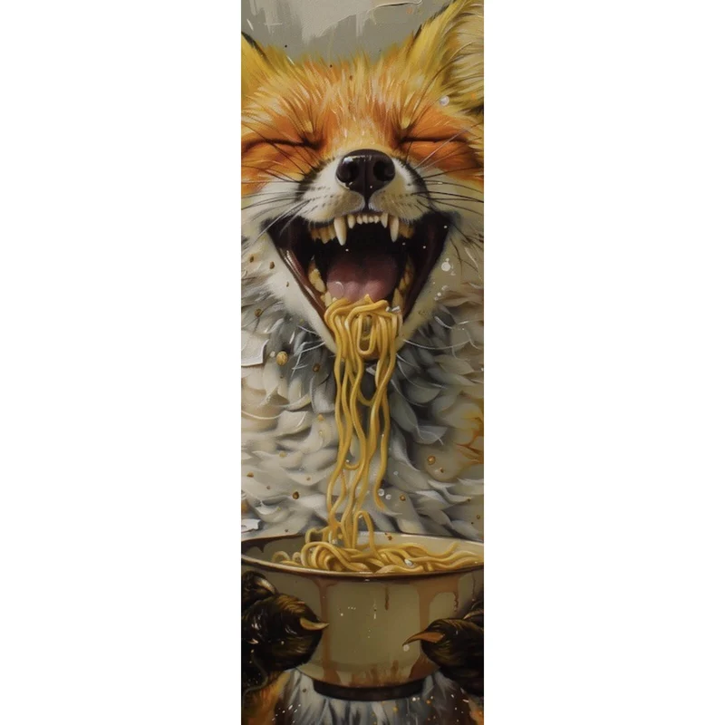 Poster Fuchs genießt lachend eine Schüssel mit Nudeln No.2 Panorama Hoch