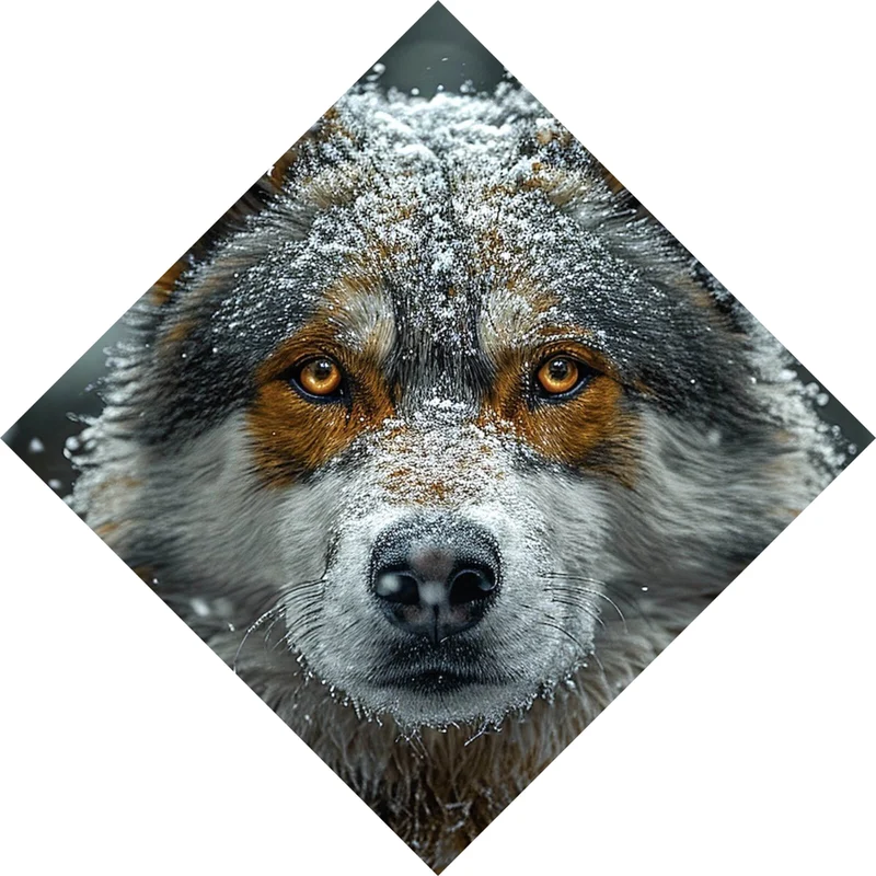 Aluminiumbild gebürstet Schnee bedeckter Wolf mit intensiven Augen Raute