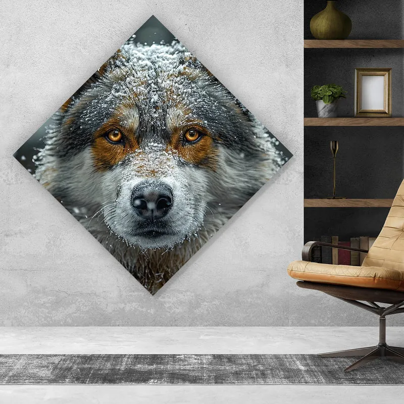 Poster Schnee bedeckter Wolf mit intensiven Augen Raute