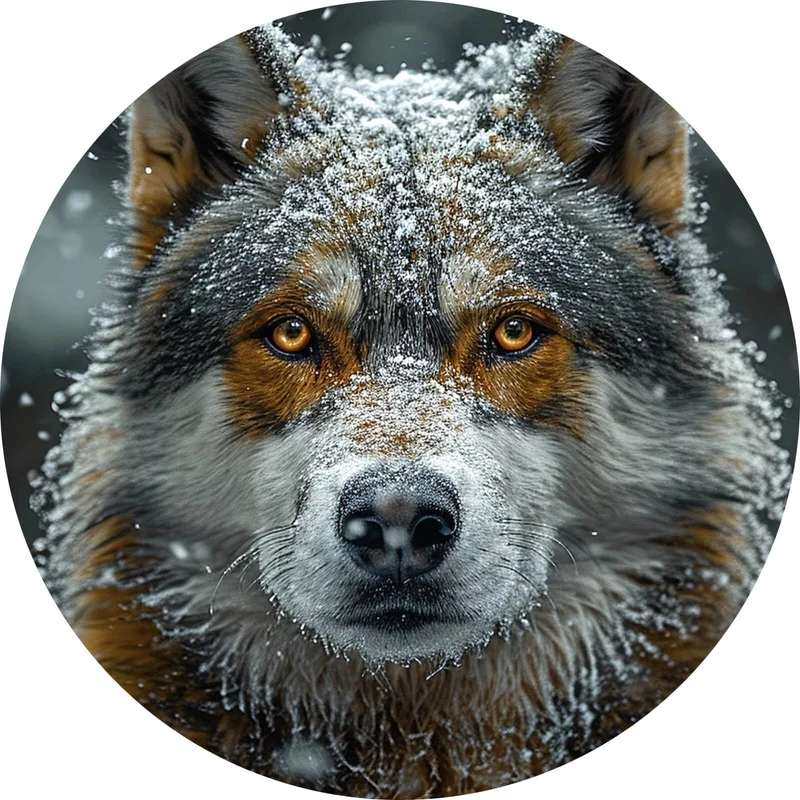 Aluminiumbild gebürstet Schnee bedeckter Wolf mit intensiven Augen Kreis