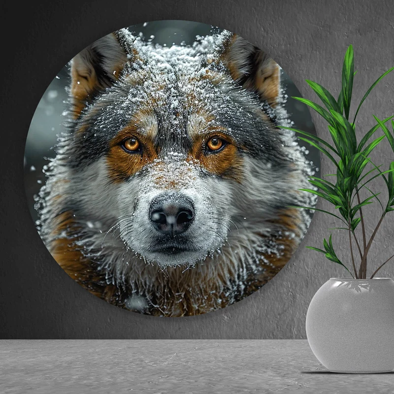 Aluminiumbild Schnee bedeckter Wolf mit intensiven Augen Kreis