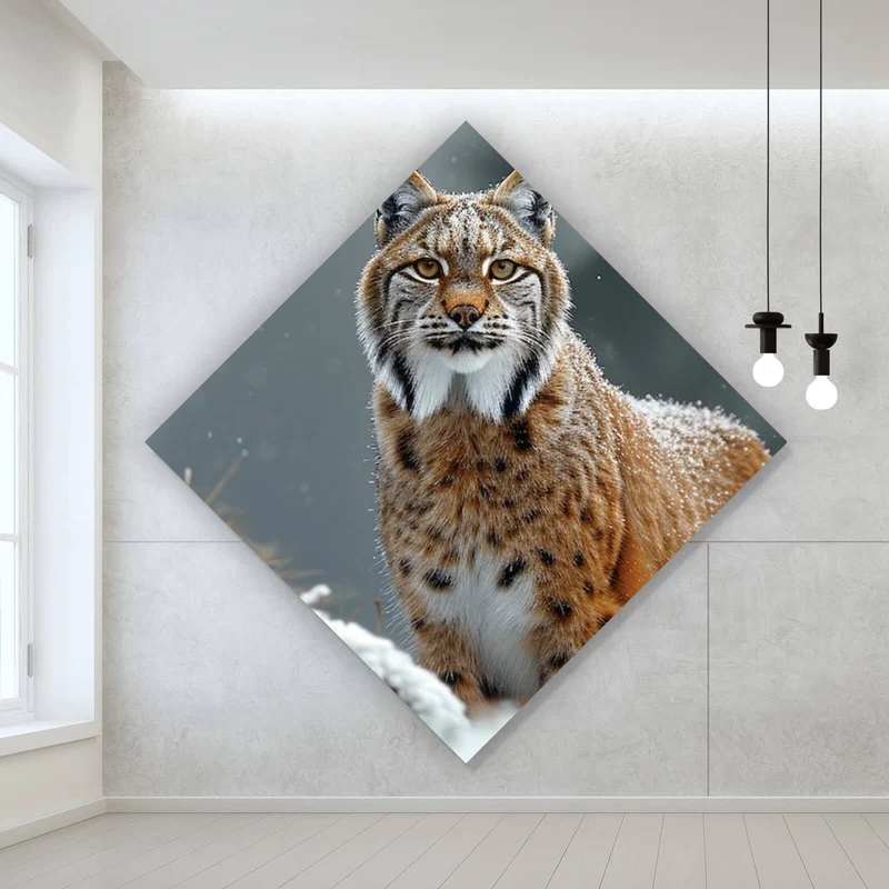 Aluminiumbild gebürstet Luchs im verschneiten Winterwald No.2 Raute