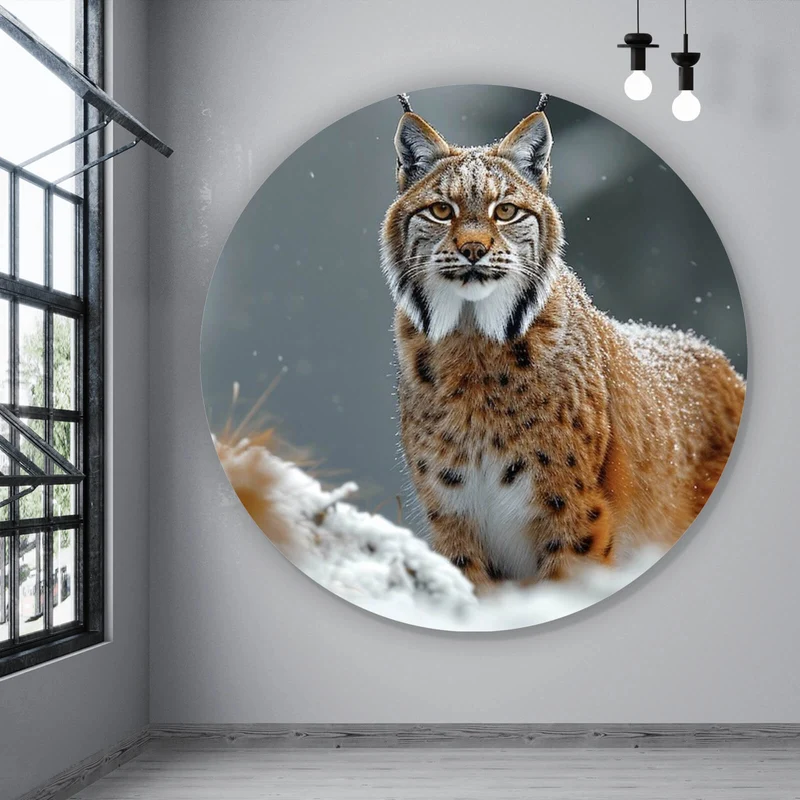 Aluminiumbild gebürstet Luchs im verschneiten Winterwald No.2 Kreis