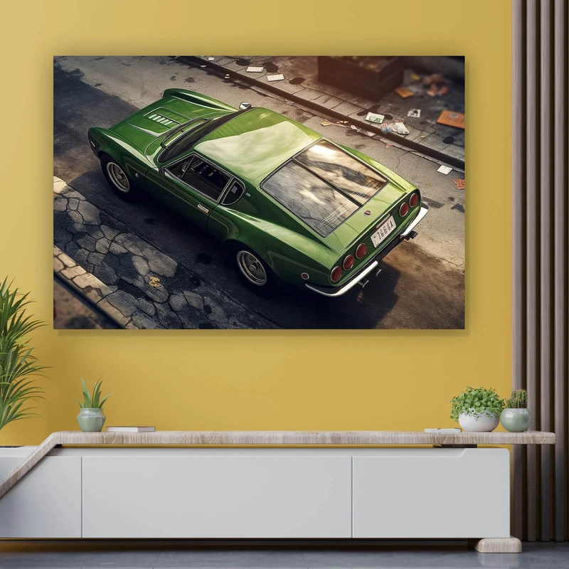 Poster Klassischer grüner Sportwagen auf Straße Querformat