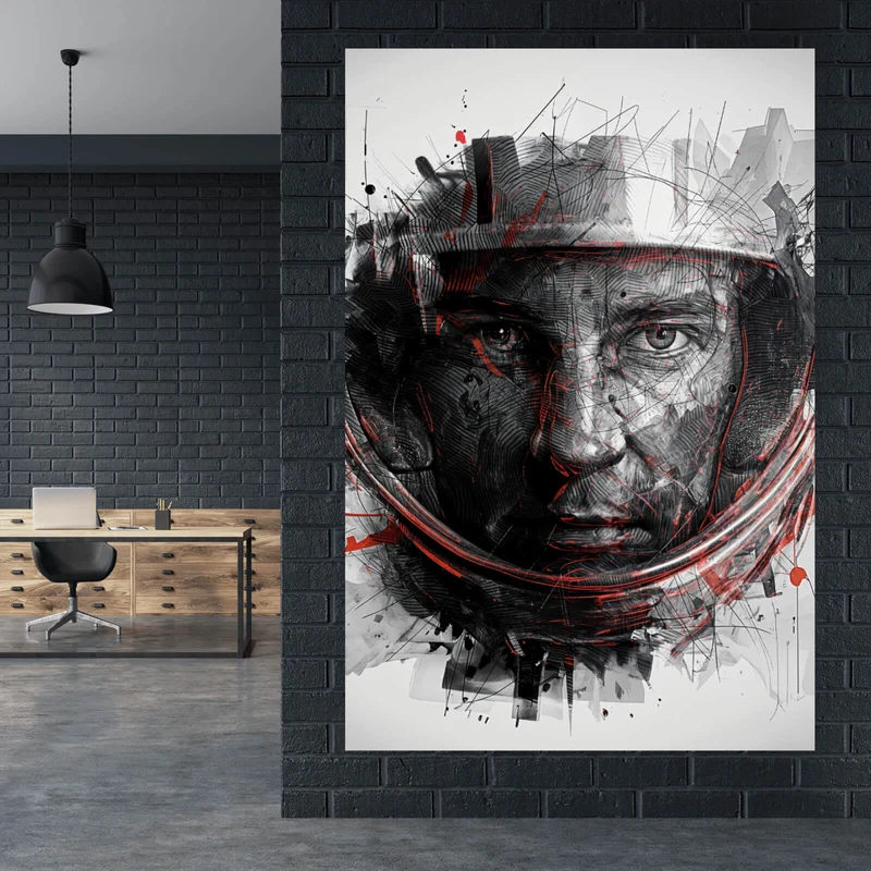 Acrylglasbild Gesicht mit Helm in abstrakter Kunst dargestellt Hochformat