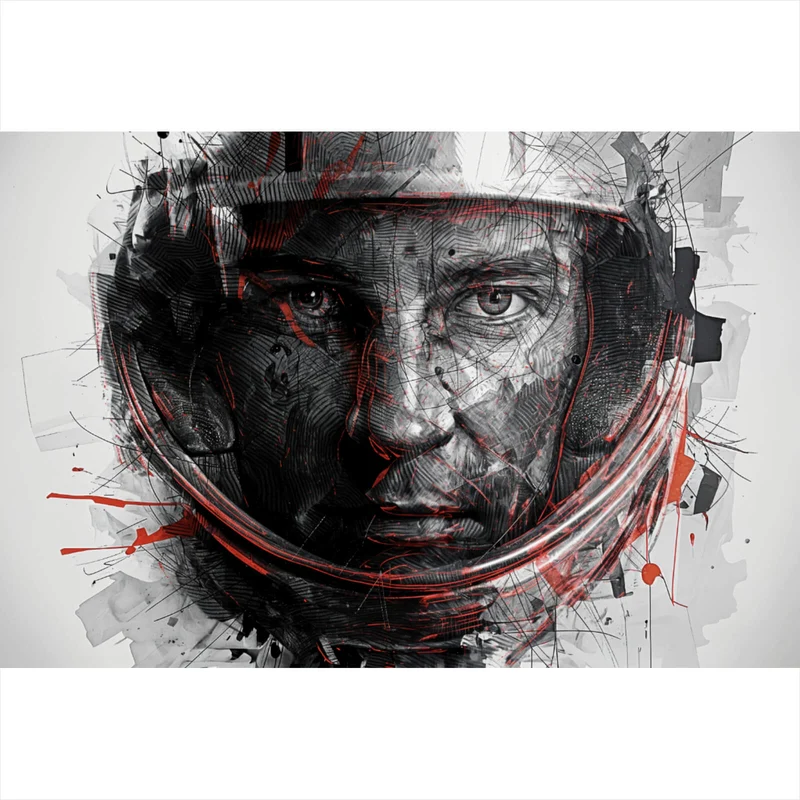 Aluminiumbild gebürstet Gesicht mit Helm in abstrakter Kunst dargestellt Querformat