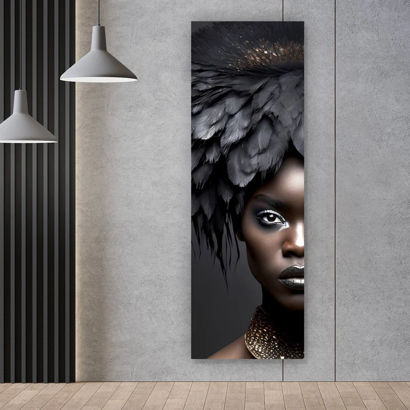 Spannrahmenbild Elegante Frau mit beeindruckendem Federkopfschmuck Panorama Hoch