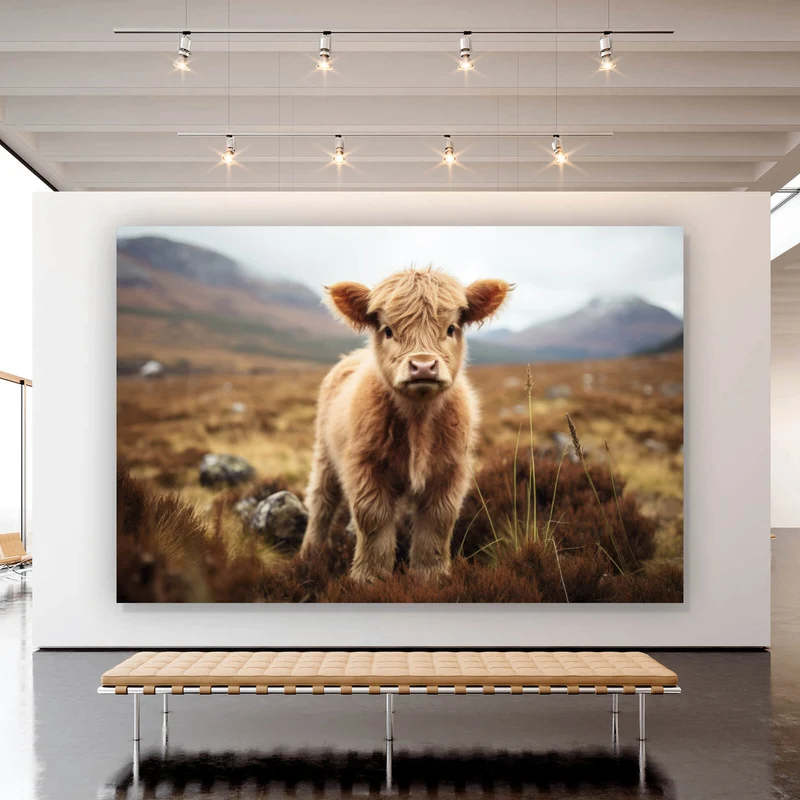 Poster Flauschiges Highland Kalb auf der Weide Querformat