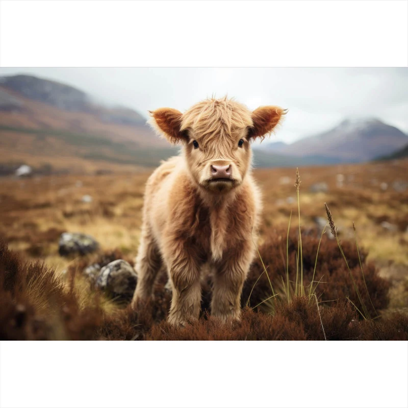 Poster Flauschiges Highland Kalb auf der Weide Querformat