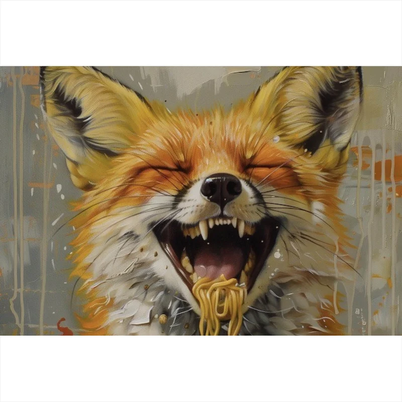 Aluminiumbild gebürstet Fuchs genießt lachend eine Schüssel mit Nudeln No.2 Querformat