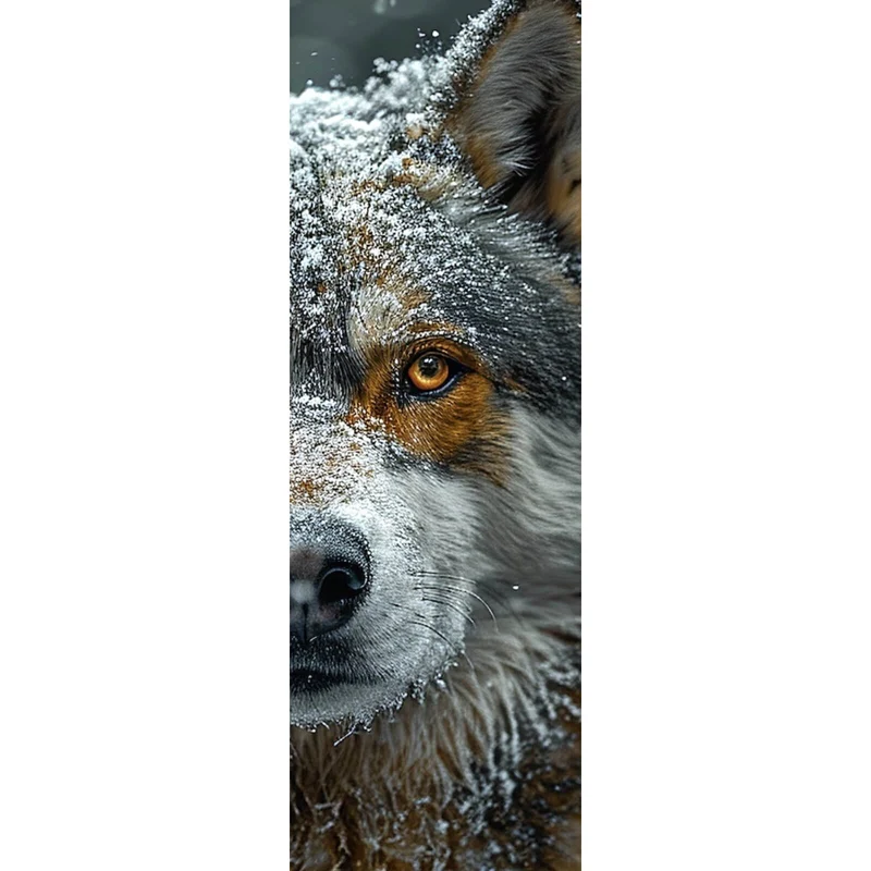 Acrylglasbild Schnee bedeckter Wolf mit intensiven Augen Panorama Hoch